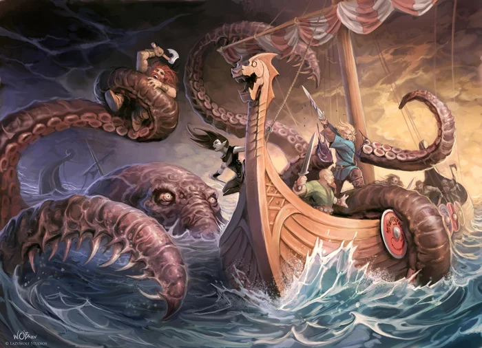 Fight with the Kraken - Art, Kraken, Fantasy, Викинги, Drakkar, The fight