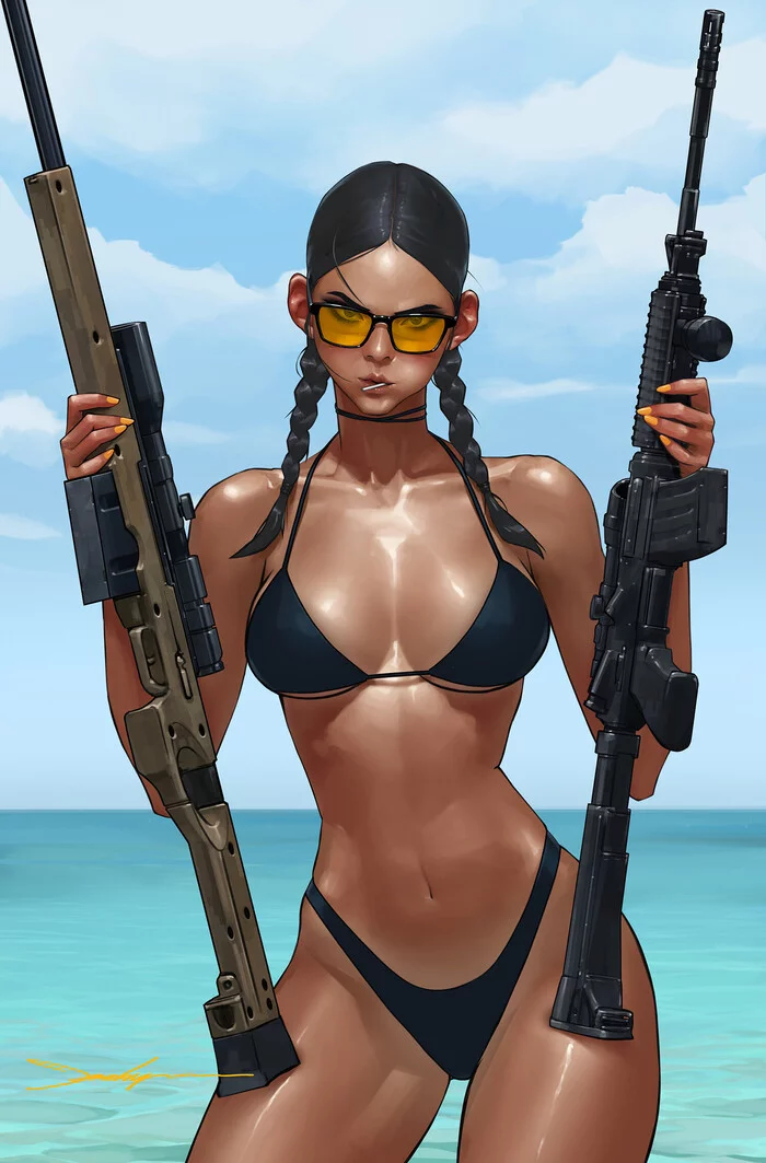 Armed and VERY dangerous - NSFW, Drawing, Girls, Rifle, Sunglasses, Chupa Chups, Sight, Swimsuit, Jeehyung Lee, Erotic, Hand-drawn erotica, Art