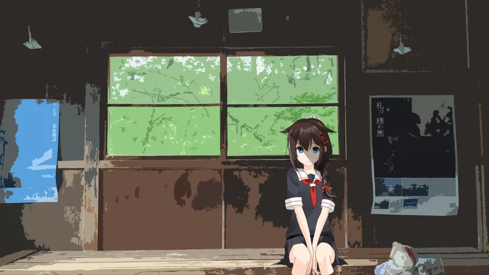 Shigure in the waiting room of an abandoned station - Kantai collection, Shigure, Anime art, Anime, Games