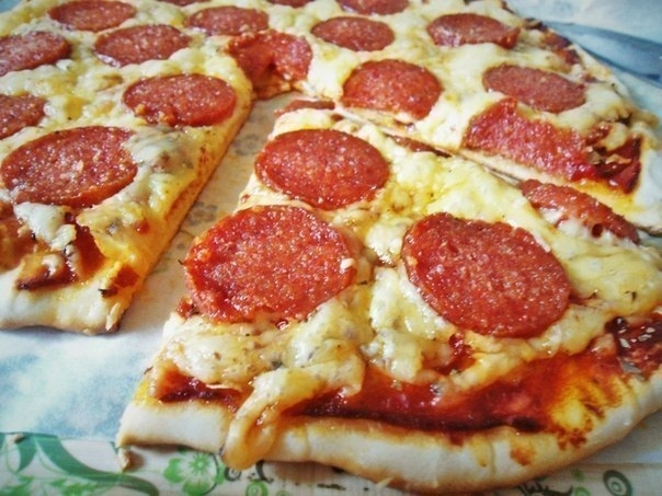 Pizza on thin crispy dough - Bakery products, Preparation, Recipe, Yummy, Dessert, Dinner, Cooking, Snack, Kitchen, Tomatoes, Pepper, Meat, Hot peppers, Potato, Nutrition, Food, Hen, Products, Pizza