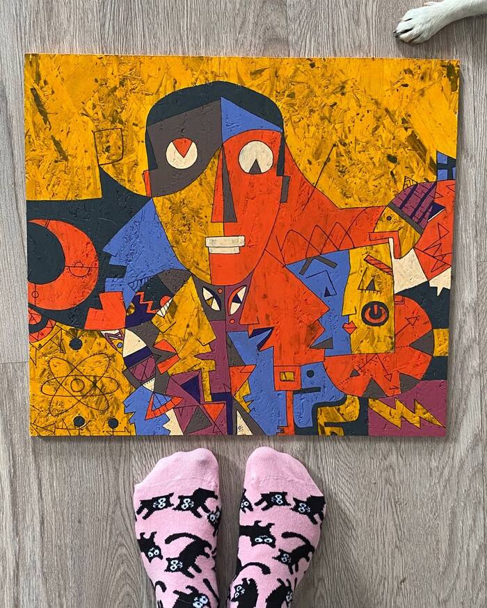 A guy from IT ordered a painting for a company) Nice... - My, Painting, Painting, Gratitude, Abstraction, Rubik's Cube, Thoughts, Emotions, Socks, Face, Paints, Acrylic, Osb, A life, People, Internal dialogue