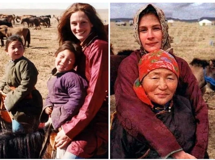 Джулия Робертс на съемках документального фильма в Монголии, в русском прокате "Дикие лошади Монголии", 1999 год