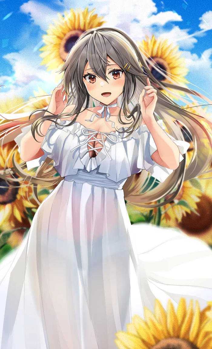 Haruna - Girls, Anime art, Anime, Kantai collection, Haruna, Sunflower, The dress