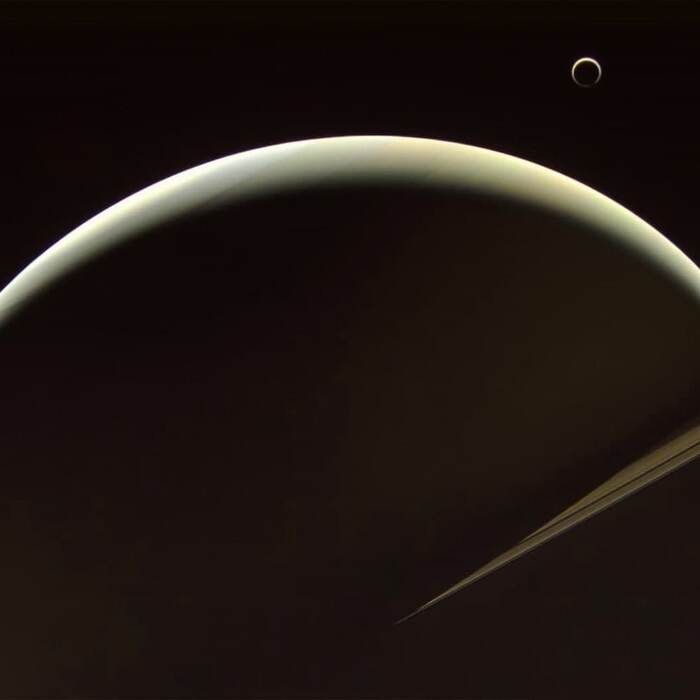 Saturn's crescent and its crescent (Titan). - Space, Astronomy, Stars, Astrophoto, Titanium, moon, Cosmonautics, Universe, Planet, Starry sky, Space probe, NASA, The science