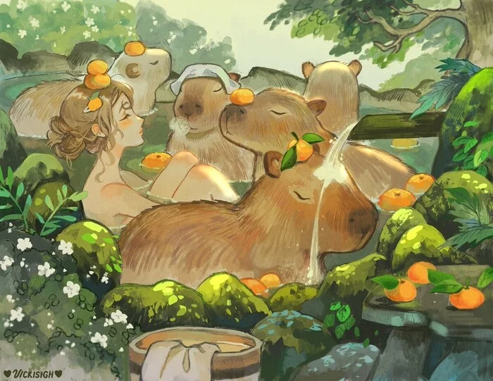 Kapikupania - Drawing, Girls, Bathing, Capybara, Animals, Vickisigh, Art