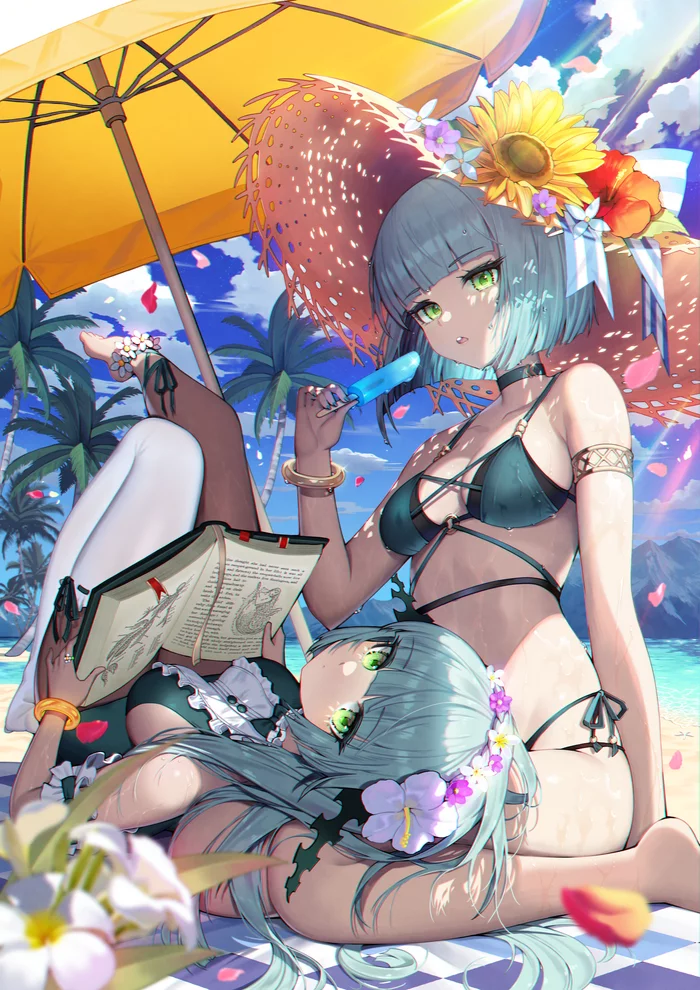 Isabella and Silvina under an umbrella - Art, Anime, Anime art, AFK Arena, Mobile games, Girl with Horns, Undead, Beach, Summer, Relaxation, Swimsuit