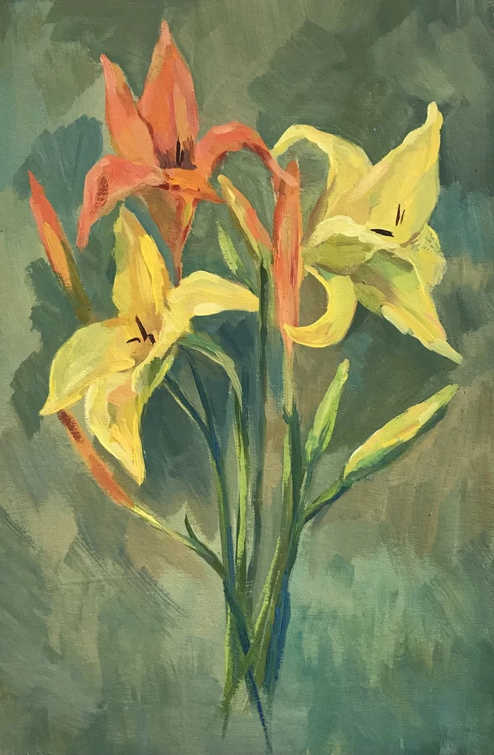 Day-lily - Tempera, Luboff00, Painting, Daylily, Dacha, Bouquet