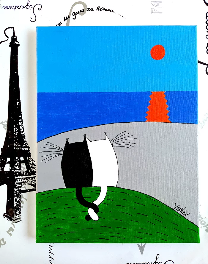 Tenderness - My, cat, Sea, Painting, Sunset, The sun, Tail, Acrylic