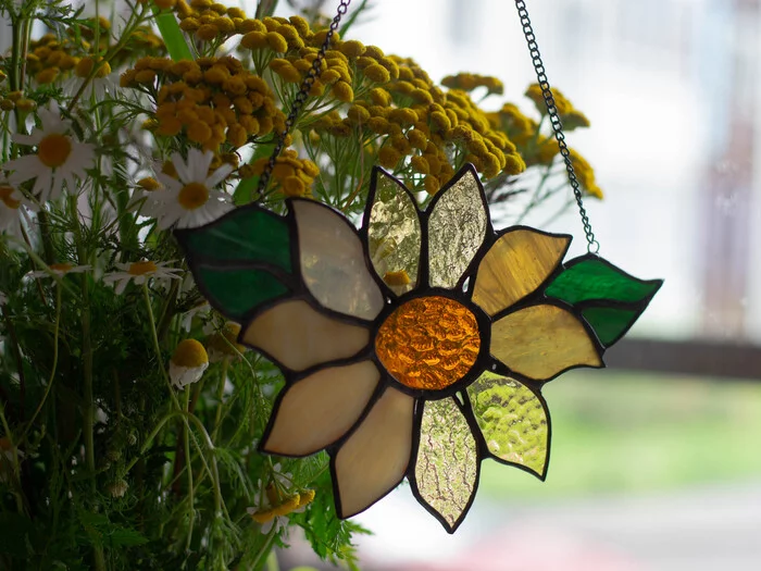 solar flower - My, Handmade, Needlework without process, With your own hands, Stained glass, Stained glass window by Tiffany, Longpost