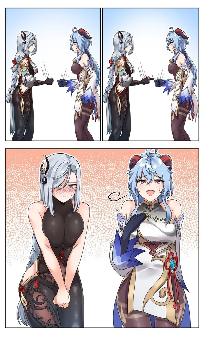 Childhood was so harsh that one set of clothes had to be divided into two. - Anime, Anime art, Genshin impact, Shenhe, Ganyu