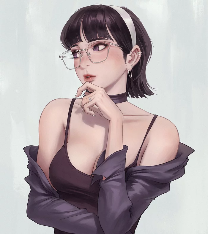 thoughtfulness - Drawing, Girls, Girl in glasses, In thought, Nukerdraws, Art