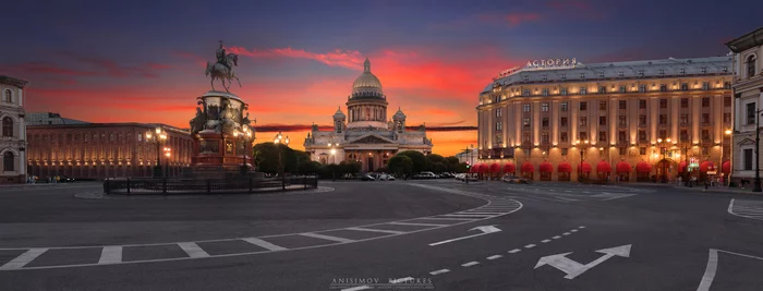 St. Petersburg, panorama of St. Isaac's Square. - My, The photo, Architecture, Town, Temple, sights, Monument, Sunset, Saint Petersburg, Panoramic shooting, Evening
