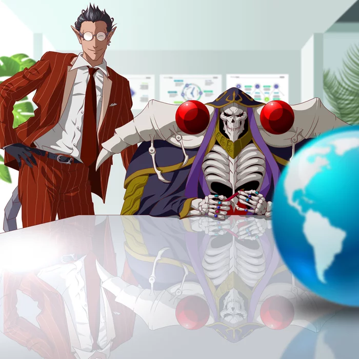 Corporation to take over the world - Art, Anime, Anime art, Overlord, Ainz ooal gown, Demiurge, Skeleton, Demon, Taking over the world