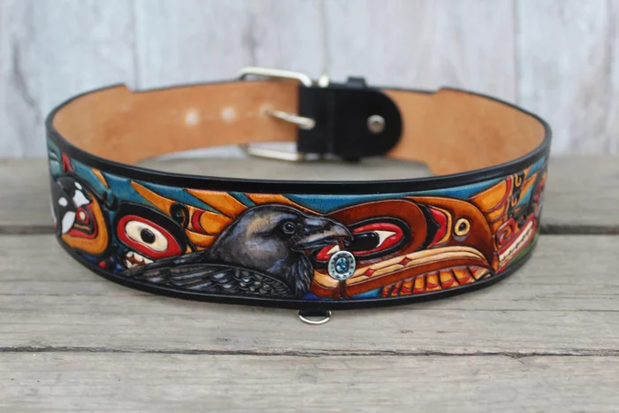 Collar Indian - My, Natural leather, Carving, Collar, Dog, Indians, Crow, Wolf, Killer whale, Handmade