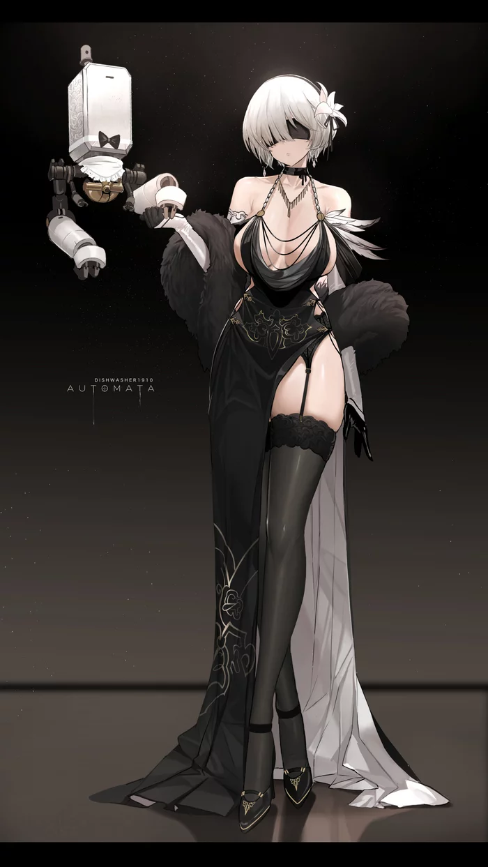 Yorha 2B - NSFW, Арт, Game Art, Anime Art, NIER, NIER Automata, Игры, Yorha unit No 2 type B, Девушки, Рисованная эротика, Вид сзади, Чулки, Попа, Сиськи, Подвязки, Dishwasher1910, Длиннопост