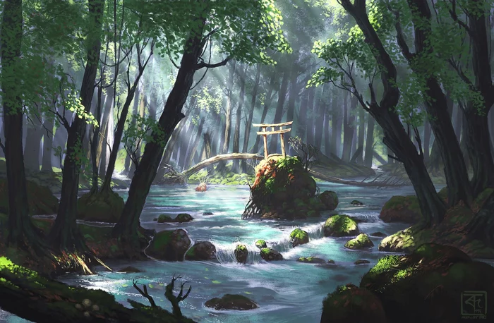 Torii - Japan, Gates, Torii, River, Drawing, Landscape, Digital drawing, Sanctuary, Forest