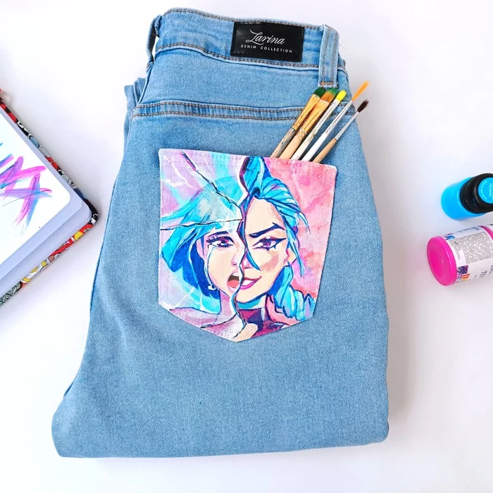 Jinx. - My, Arcane, Painting on fabric, Customization, Characters (edit), Jinx, Needlework without process, Jeans