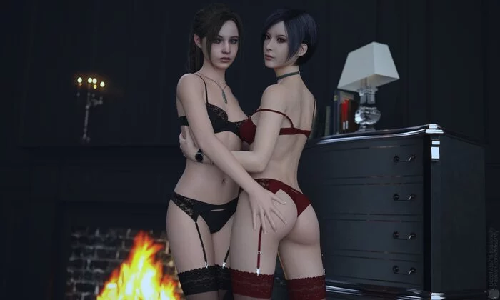 Claire Redfield and Ada Wong - NSFW, Эротика, Арт, Claire Redfield, Ada Wong, Resident Evil, Resident Evil 2, 3D, Нижнее белье, Сиськи, Девушки, Камин