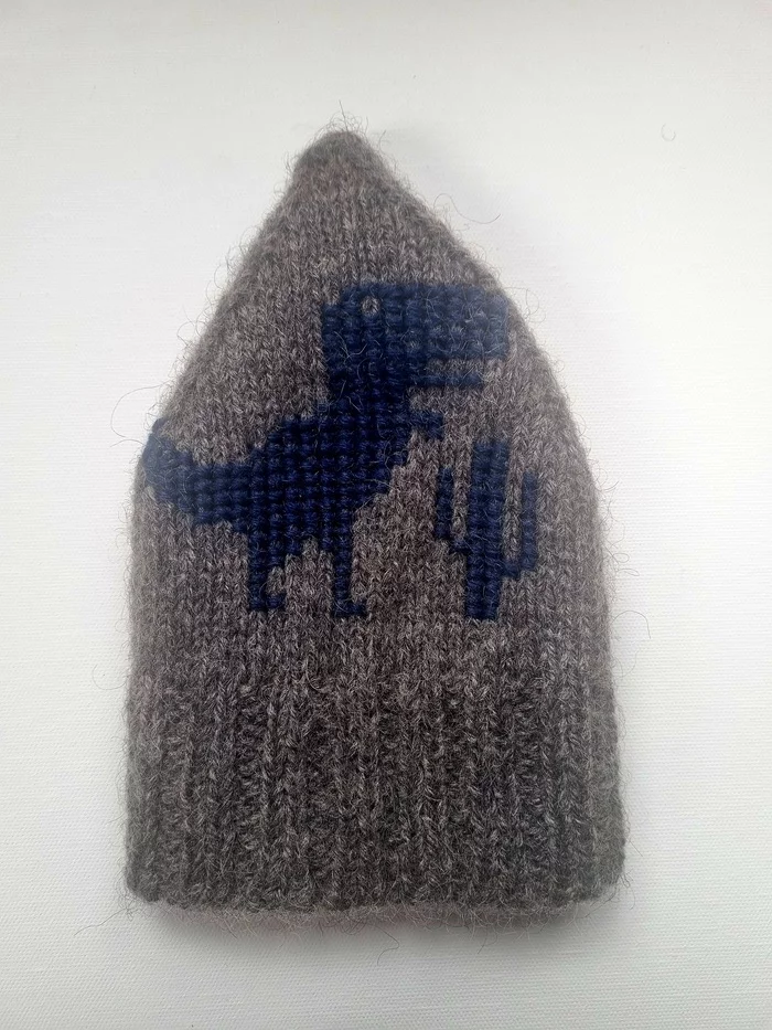 T-Rex Google Embroidered Hat - My, Knitting, Knitting, Embroidery, Cross-stitch, With your own hands, Google, Tyrannosaurus, Photo on sneaker, Wool, Cownee, Cap, Longpost