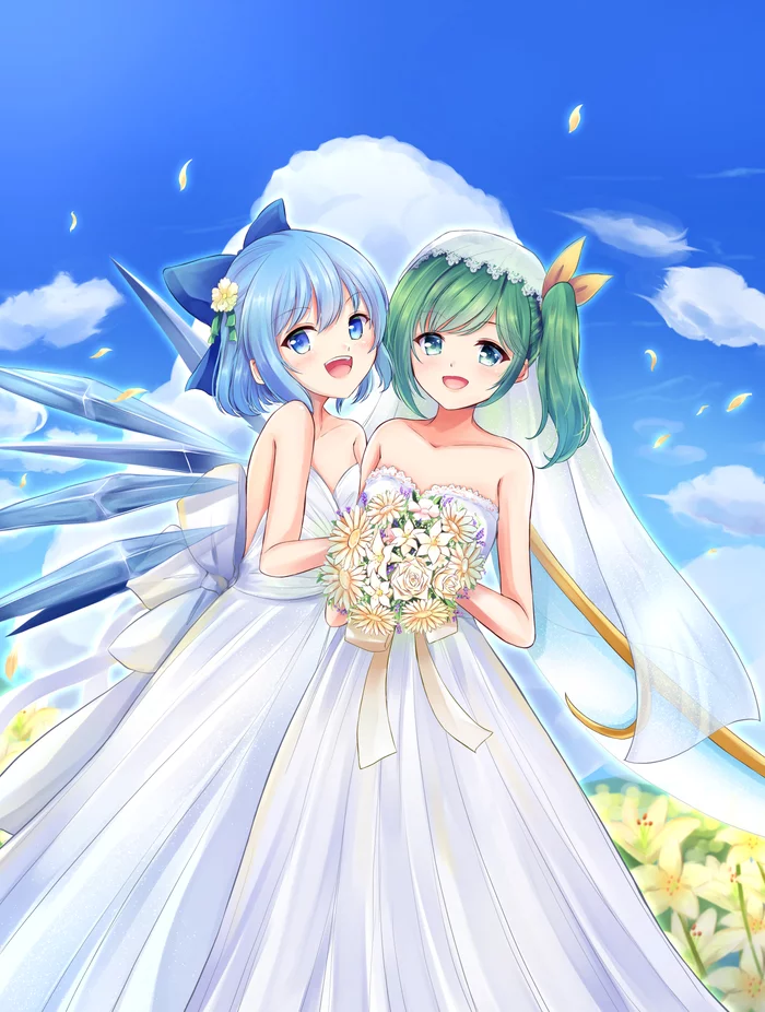 Congratulations! - Touhou, Cirno, Daiyousei, Anime, Anime art, Wedding Dress, Yuri, Kachuten