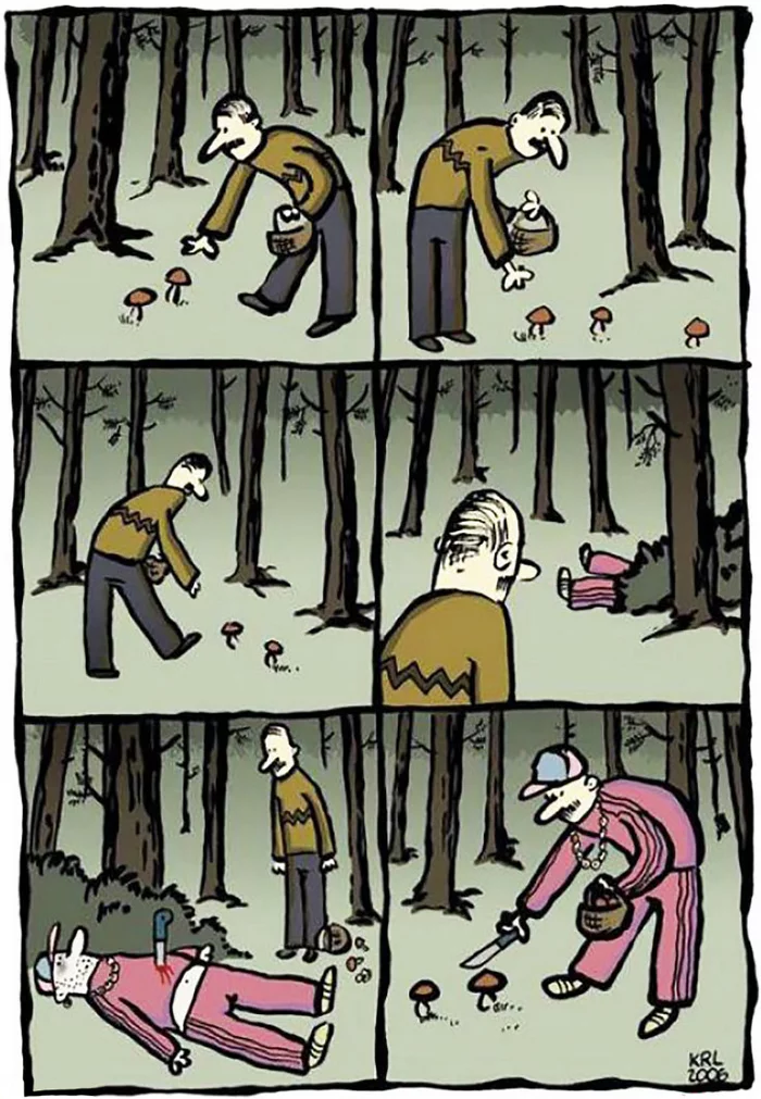 By mushrooms - Comics, Mushrooms, Mushroom pickers, Dead body, Murder, Forest, Practicality, Repeat, RPG