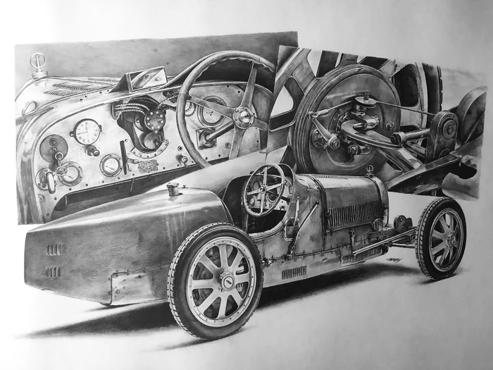 The legendary Bugatti Type 35C, pencil drawing - My, Автоспорт, Race, Competitions, Retro, Retro car, Bugatti, Pencil drawing