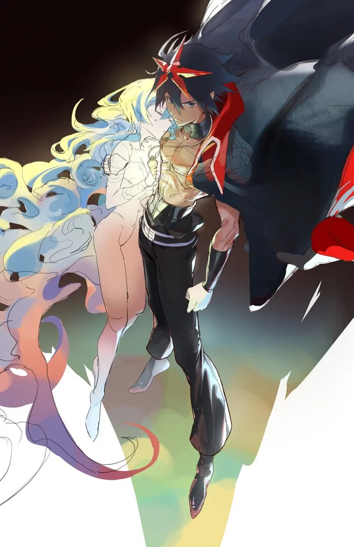 drilled through the skies - Art, Anime art, Girls, Anime, Nia teppelin, Simon, Gurren lagann