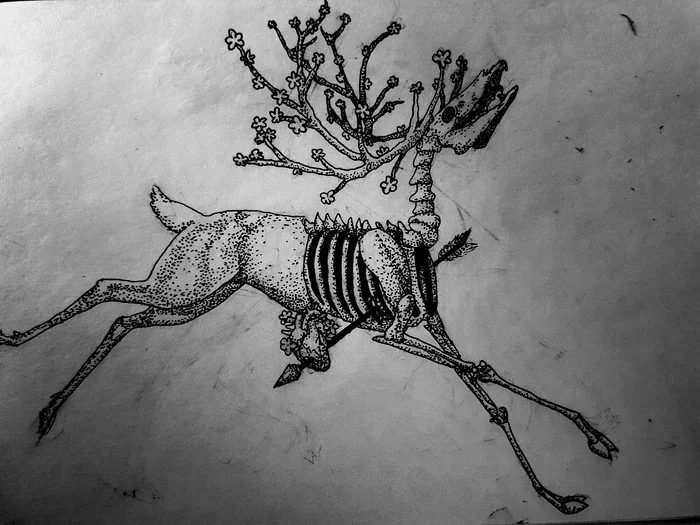 Skeletons - My, Pen drawing, Drawing, Skeleton, Wolf, Deer, Graphics, Creation, Art, Painting, Longpost