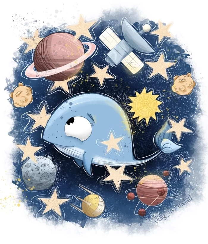 space whale - My, Space, Blue whale, Illustrations, Illustrator, Milota