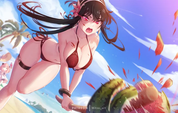 Yor vs Watermelon - NSFW, Anime, Art, Anime art, Spy X Family, Yor Forger, Hand-drawn erotica, Watermelon, Bikini, Beach, Mitsu Art, Longpost