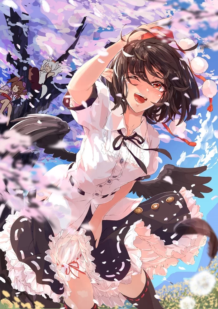 Shameimaru Aya - Touhou, Shameimaru aya, Himekaidou hatate, Inubashiri momiji, Anime art, Anime, Kagami toufu