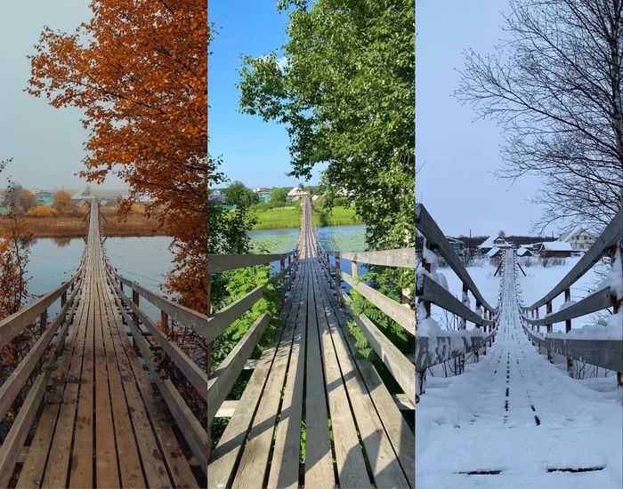 Suspension bridge across the river. Malcurier - Bridge, Suspension bridge, River, Arkhangelsk region, Collage, The photo, Seasons