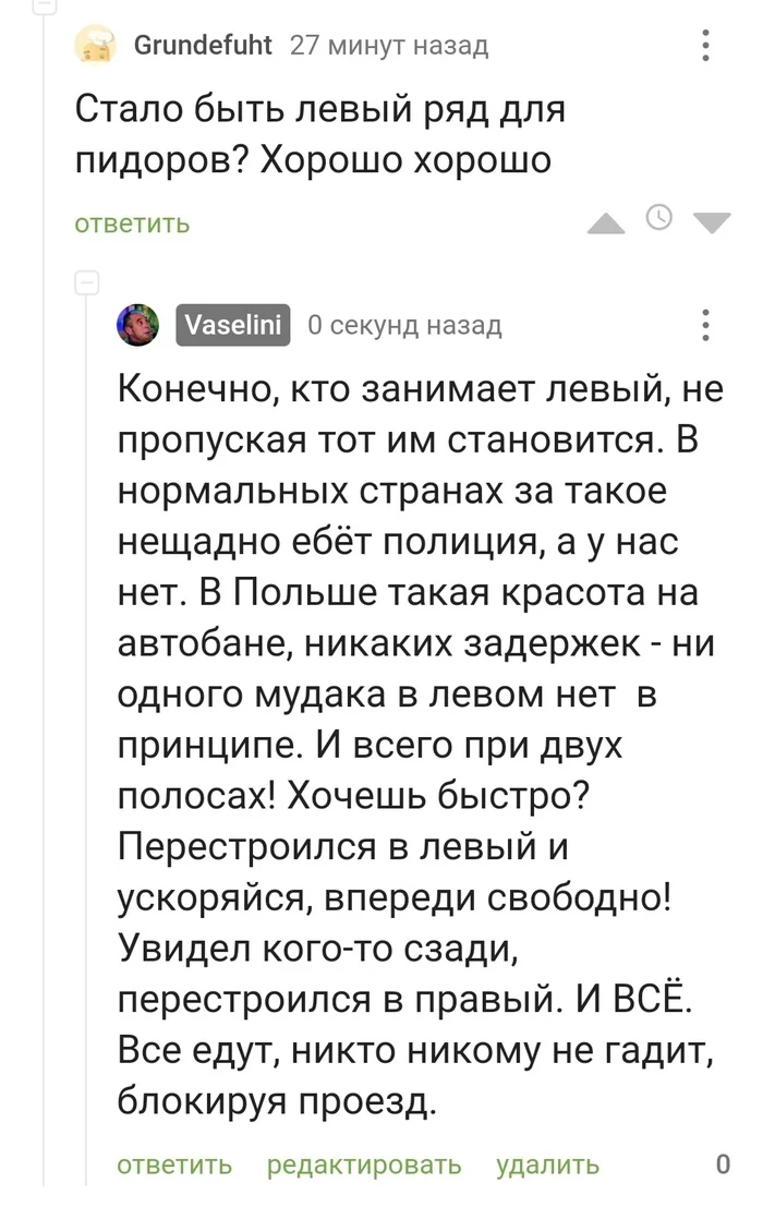 About occupation of the left lane and sexual orientation - My, Traffic rules, Вежливость, Sexual orientation, Screenshot, Comments on Peekaboo, Mat