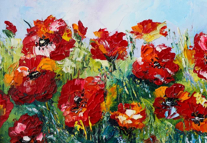 bright poppies - My, Poppy, Artist, Flowers, Painting, Impressionism, Palette knife, Longpost