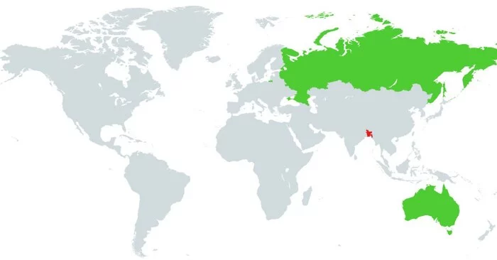 The same number of people live in the green area as in the red (Bangladesh) - Population, Russia, Australia, Bangladesh