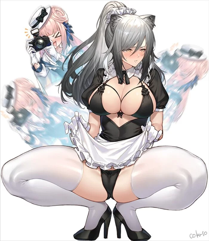 Great shot! - NSFW, Art, Anime art, Arknights, Schwarz, Ceylon (Arknights), Housemaid, Girls, Erotic, Hand-drawn erotica, Game art, Boobs, Underwear, Stockings, Pantsu, Crotch, Cameltoe, Squat, The photo, Animal ears