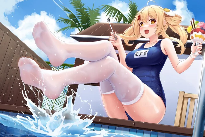 Stockings and a swimsuit? We approve of this! - NSFW, Anime, Anime art, Original character, Sukumizu, Swimsuit, Stockings, Foot fetish, Legs, Thighs