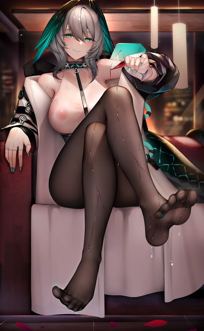 Horheyer - NSFW, Anime art, Anime, Arknights, Boobs, Tights, Legs, Foot fetish, Hand-drawn erotica, Erotic, Longpost, Horheyer, Binggong asylum