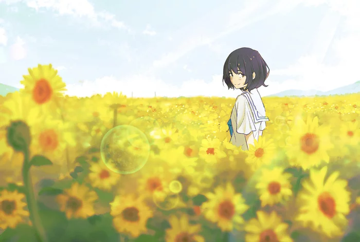 Yellow Sea - Anime, Anime art, Original character, Girls, Sunflower