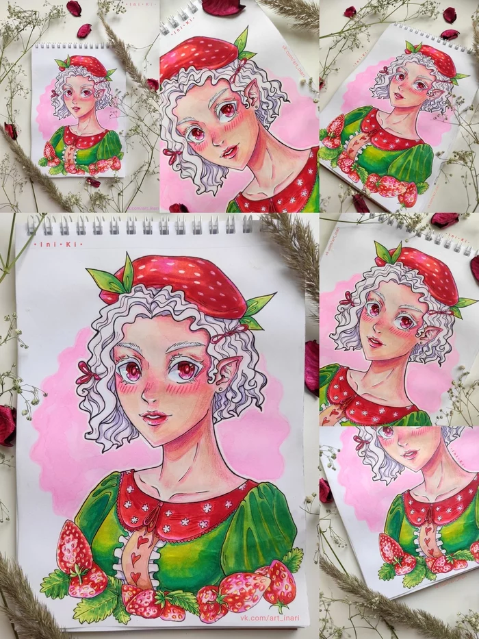 strawberry girl - My, Creation, Girls, Painting, Illustrations, Anime, Marker, Alcohol markers, Art, Drawing, Traditional art, Elves, I share, Creative, Milota, Strawberry (plant), Berries, Blonde, Notebook, Red eyes, Red