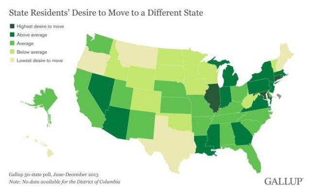 The US is mapped by the desire of residents to move to another state - Cards, World map