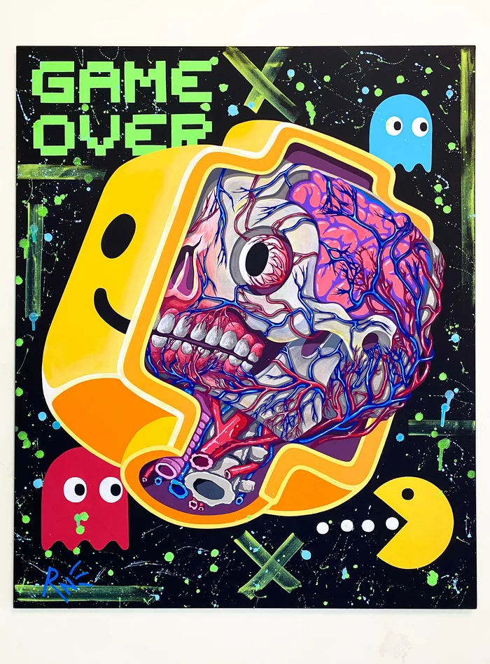 Painting GAME OVER - My, Art, Acrylic, Artist, Painting, Modern Art, Canvas, Lego, Pac-man, Needlework without process, Longpost