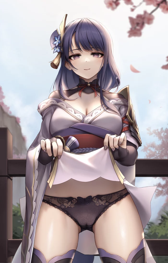 Shogun Raiden - NSFW, Art, Drawing, Anime art, Genshin impact, Raiden shogun, Girls, Erotic, Hand-drawn erotica, Game art, Underwear, Stockings, Boobs, Pantsu, Pubis, Upskirt