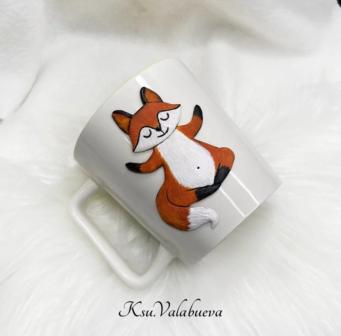 Fox in lotus position - My, Animals, Polymer clay, Mug with decor, Fox, Meditation, Handmade, With your own hands, Needlework without process, Needlework, Brooch