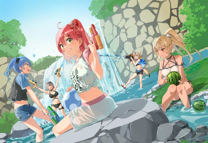 Summer! - Hololive, Virtual youtuber, Flare shiranui, Sakura Miko, Omaru Polka, Hoshimachi suisei, Shirogane noel, Anime art, Summer Games