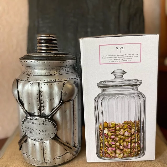 Glass jar finished with aluminum for storing coffee beans by order of Mom - My, Needlework, With your own hands, Design, Dieselpunk, Steampunk, Cool, Decor, Jar, Longpost, Needlework without process