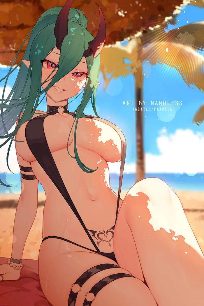 Serena - NSFW, Anime art, Anime, Original character, Nanoless, Girl with Horns, Beach, Sea, Longpost