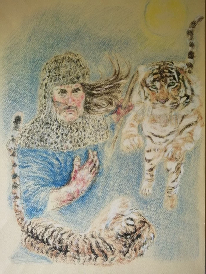 Warrior with tigers - My, Colour pencils, Drawing, Warrior, Tiger, Portrait