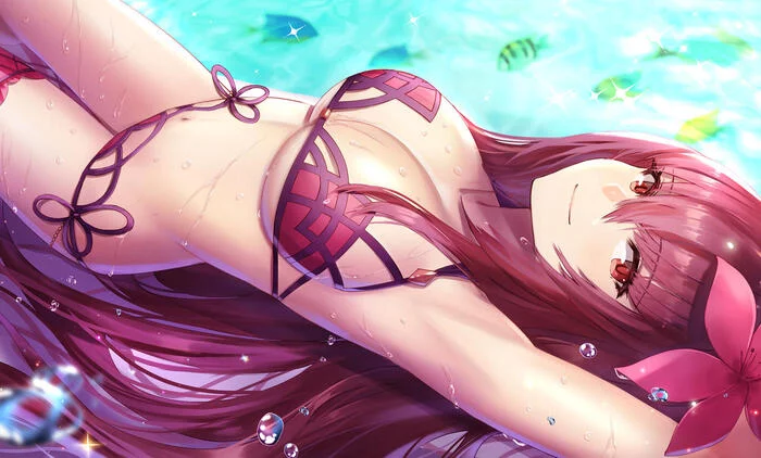 Swimsuit Scathach - NSFW, Anime, Anime art, Hand-drawn erotica, Fate grand order, Scathach, Swimsuit