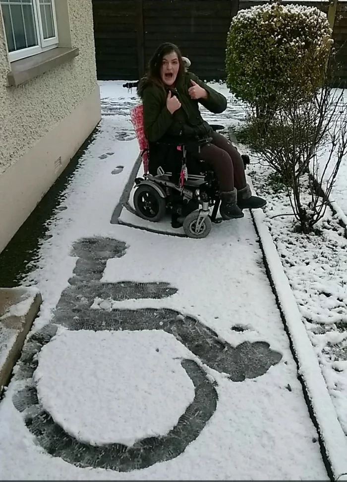 My sister proudly presents you her first snow angel. - Black humor, Disabled person, Snow angel, Repeat